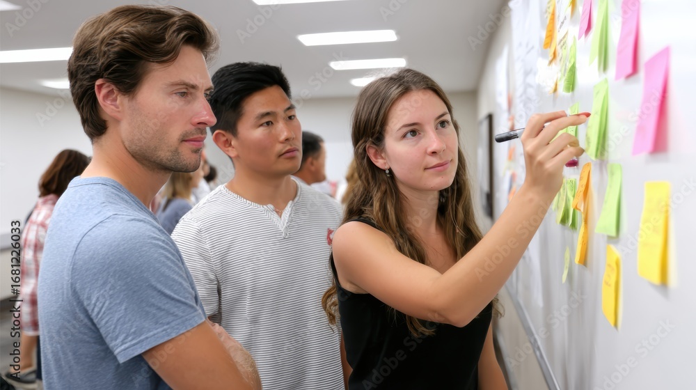 Poster a group of three people engaged in a brainstorming session, reviewing colorful sticky notes on a wal