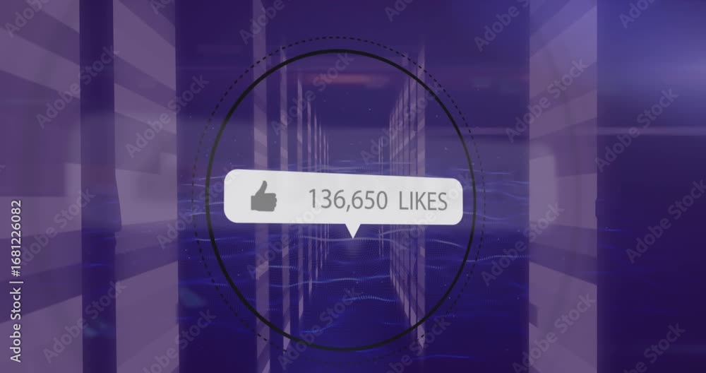 Poster animation of like icon with increasing numbers against light trails and digital waves