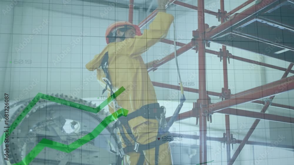 Poster animation of graph and data processing over male worker climbing scaffolding at power plant
