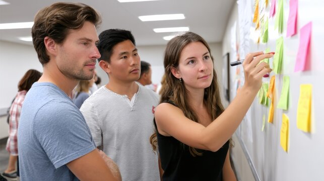 A group of three people engaged in a brainstorming session, reviewing colorful sticky notes on a wall in a collaborative environment.
