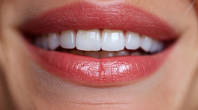 A mouth with peach fuzz under lip, healthy white teeth and red lips. Articulate. Voice