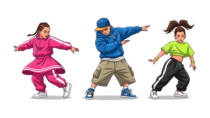 Dynamic Trio in Motion: A vibrant illustration of three spirited dancers capturing the essence of street dance with their dynamic moves and youthful energy. 