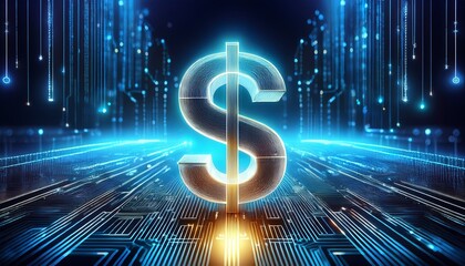 glowing dollar sign on a digital background representing finance and technology