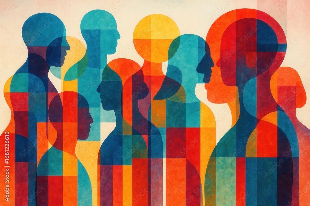 Poster abstract crowd visualization showcasing diverse human silhouettes in dynamic multi-layered compositi
