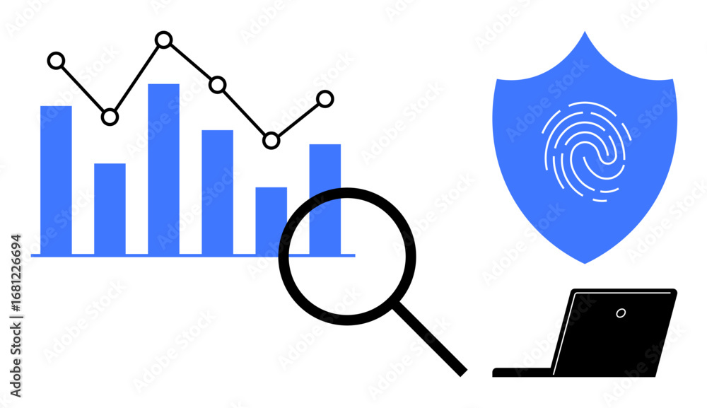 Poster bar graph with trend lines symbolizes data analysis, fingerprint shield represents digital security,