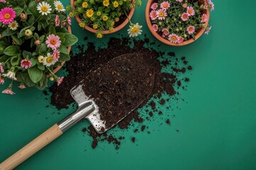Overhead shot of a garden spade loaded with soil and blooming plants, gardening tools arranged outdoors in warm seasons, empty area for text. Seasonal lifestyle backdrop featuring flora and nature