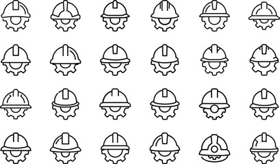 Hard hat and gear line art icons on white background vector