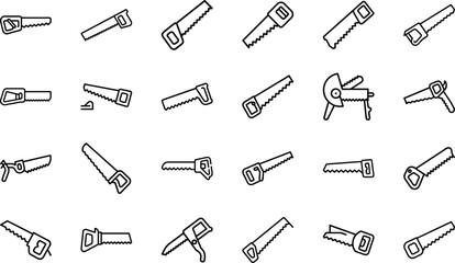 Collection of black outline hand saws and tools on white background carpentry wood