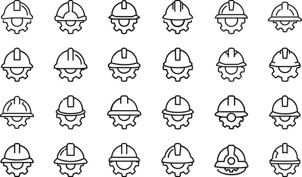 Hard hat and gear line art icons on white background vector
