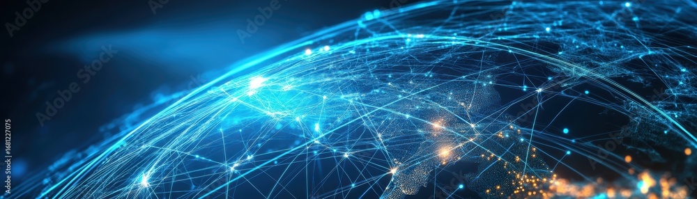 Poster a digital representation of a connected world, showcasing glowing nodes and lines symbolizing global