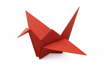 Delicate red paper crane soaring, symbolizing tranquility and cultural heritage against transparent backdrop