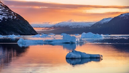 serene iceberg reflections in tranquil fjord at sunrise