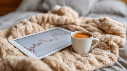 Stock market app displayed on tablet beside coffee cup on cozy bed with knitted blanket during a relaxed morning
