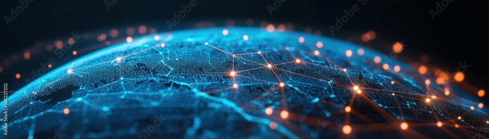 Poster a digital representation of a globe with interconnected lines and glowing nodes, showcasing a networ