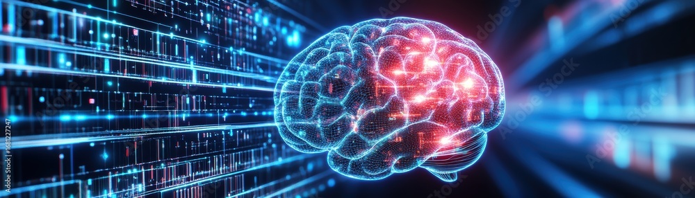 Poster a digital depiction of a brain with glowing circuitry, symbolizing artificial intelligence and data 