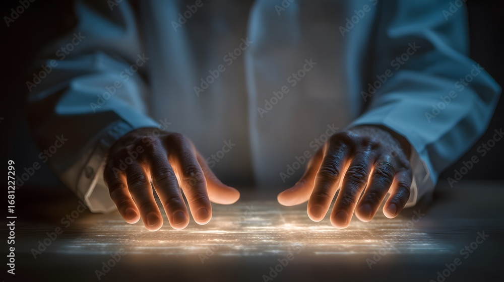 Aufkleber human hands hovering over glowing futuristic data interface illuminated by warm light.