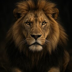 Fototapeta premium Majestic lion portrait with powerful expression and dramatic lighting showcasing wild animal strength and natural beauty