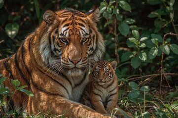 Fototapeta premium Mother tiger with her cub in the wild