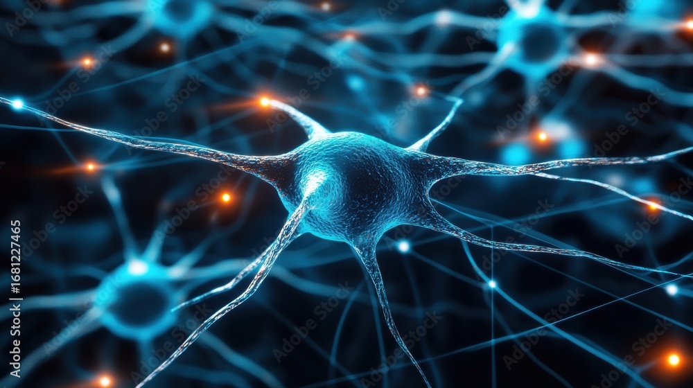 Poster a detailed close-up of a neuron, showcasing its connections and dynamic structure in a vibrant blue 