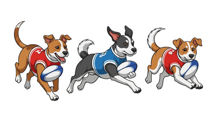 Dogs in Play: A delightful cartoon illustration captures the spirit of sport with three playful dogs each enthusiastically running with rugby ball in their mouths.