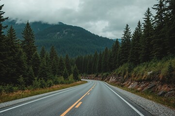 A solitary paved road curves through verdant mountainous woods beneath a cloudy sky, flanked by towering pine trees and thick foliage on each side.