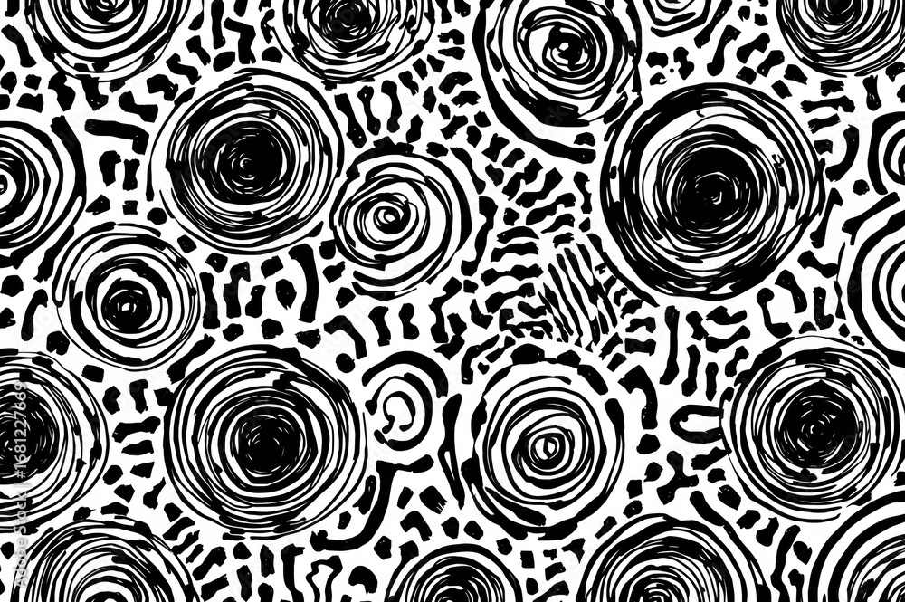 Poster seamless 2d pattern featuring hand-drawn irregular circular lines in black and white.