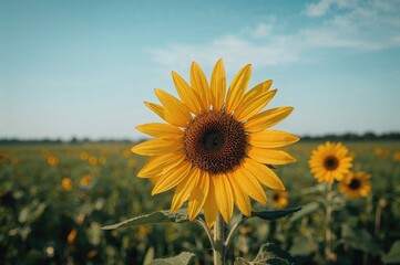 Fototapeta premium Sunflower blossoming under bright sunlight with a lush green backdrop