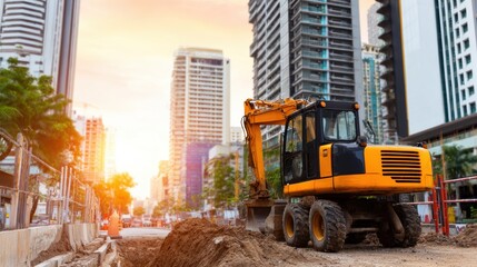 Construction site with excavator digging in urban area at sunset, showcasing city skyline and activity