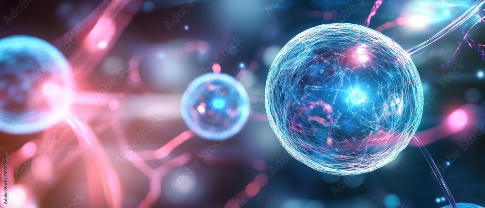 Poster vibrant digital representation of interconnected cells or neurons, showcasing intricate patterns and