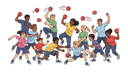 Dodgeball Frenzy: A vibrant illustration of children and teens engaged in a lively dodgeball game, showcasing dynamic action, teamwork, and energetic play.
