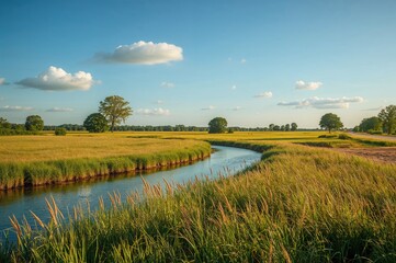 Fototapeta premium Summer scene featuring a pond