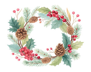 Watercolor Christmas Wreath with Pine Cones and Red Berries