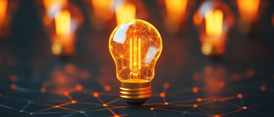 A glowing light bulb emits a warm, orange hue, surrounded by interconnected lines, symbolizing creativity and innovation in technology.