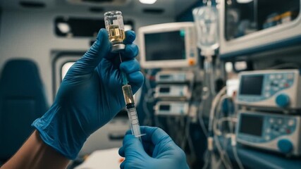 Medical professional preparing a syringe with vaccine in an ambulance with medical equipment - Powered by Adobe