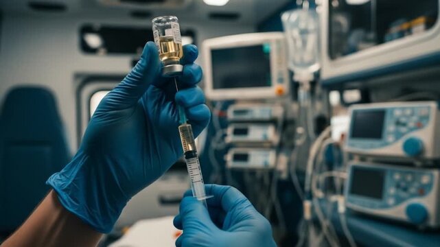 Medical professional preparing a syringe with vaccine in an ambulance with medical equipment