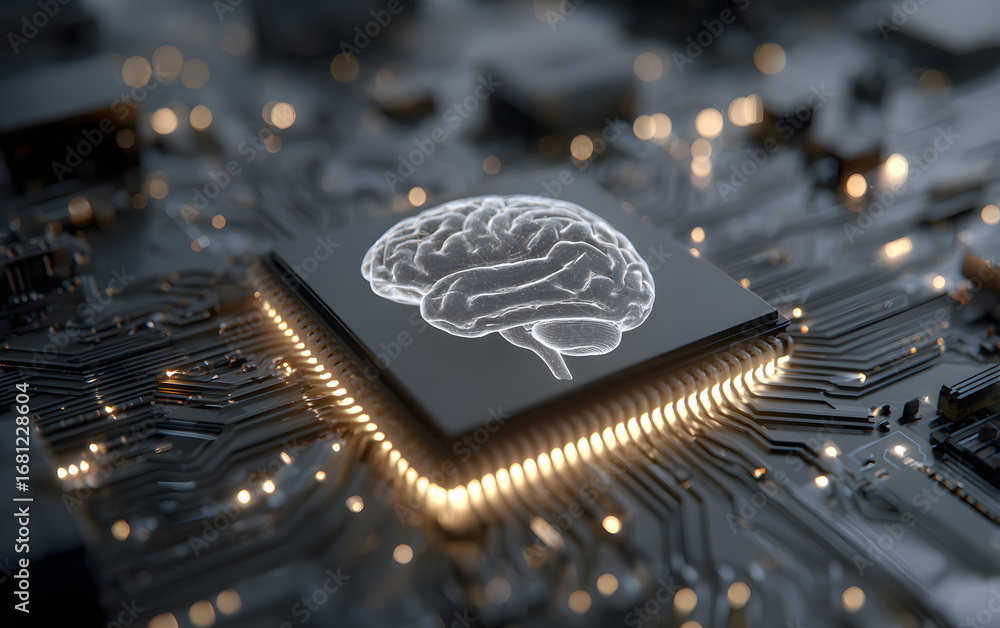 Aufkleber a cybernetic brain. an electronic chip in the form o a human brain in the centr of a circuit board i