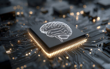 A Cybernetic Brain. An electronic chip in the form o a human brain in the centr of a circuit board in surounding of digital cybersace. 3D-rendering graphicson the theme of ArtificialIntelligence