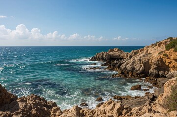 Ocean view by rugged cliffs in summer
