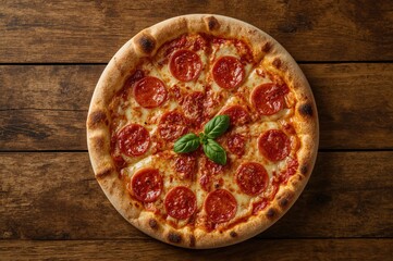 Delicious pepperoni pizza topped with fresh basil seen from above on a wooden surface
