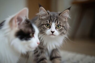 Adorable almond-eyed cat ready to pounce on its sibling indoors
