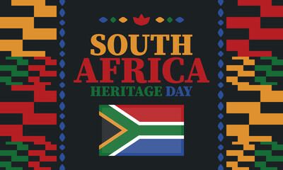 South Africa Heritage Day. Happy holiday. Celebrate culture and traditions of nation. South African flag. Poster with illustration. Pattern design. Vector
