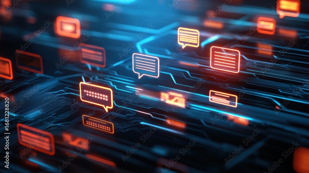 Poster a vibrant digital landscape featuring glowing chat bubbles and circuit-like patterns, symbolizing co