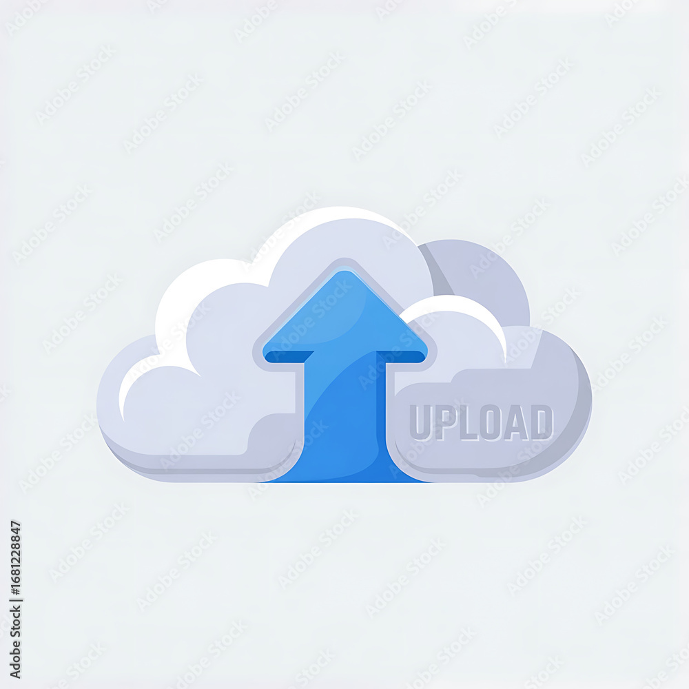 Poster a cloud with an upward pointing blue arrow and the word upload on a white background illustration