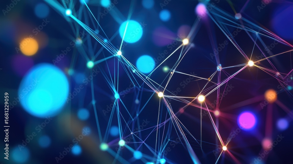 Poster a vibrant, abstract representation of interconnected lines and glowing dots, evoking a sense of tech