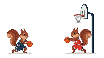 Basketball Squirrels Showdown: Two cartoon squirrels in basketball uniforms prepare to face off in a competitive game of hoops on a minimalist, vibrant background, with dynamic action lines. © Atiya