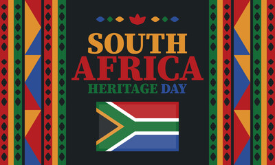 South Africa Heritage Day. Happy holiday. Celebrate culture and traditions of nation. South African flag. Poster with illustration. Pattern design. Vector