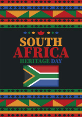 South Africa Heritage Day. Happy holiday. Celebrate culture and traditions of nation. South African flag. Poster with illustration. Pattern design. Vector