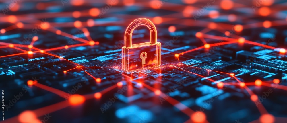 Poster a digital representation of cybersecurity, featuring a glowing padlock surrounded by interconnected 
