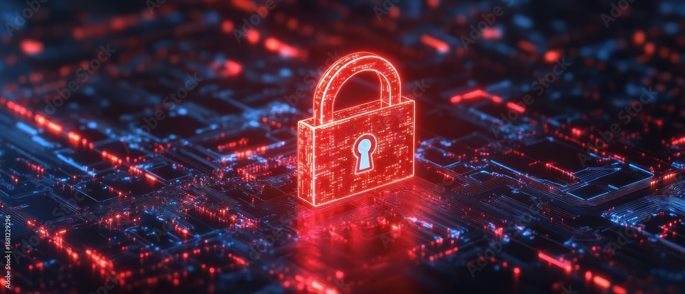 Poster a glowing digital padlock icon is centered on a circuit board background, symbolizing cybersecurity 