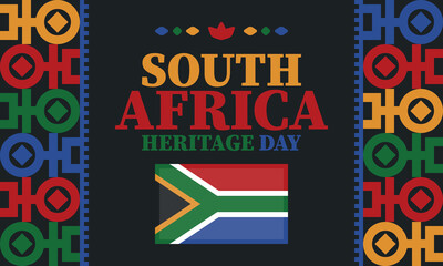South Africa Heritage Day. Happy holiday. Celebrate culture and traditions of nation. South African flag. Poster with illustration. Pattern design. Vector